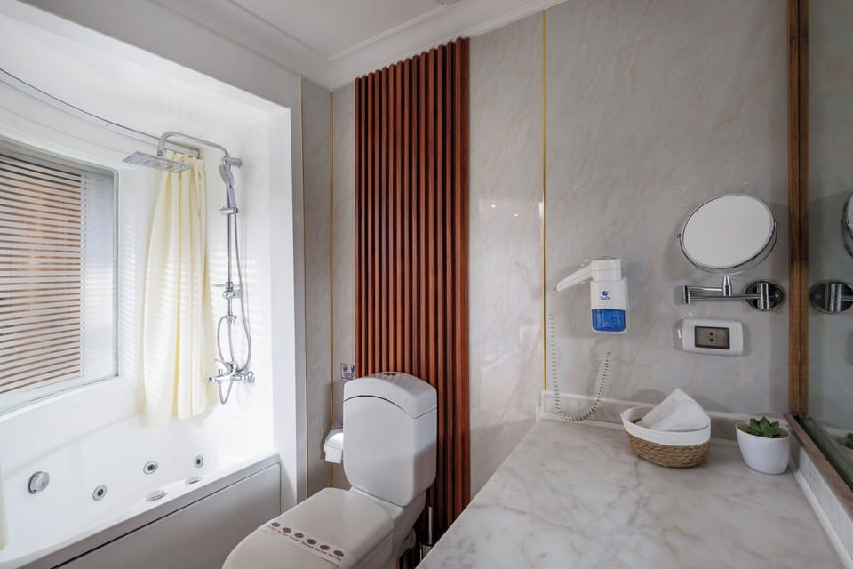 Combined shower/tub, free toiletries, hair dryer, bathrobes