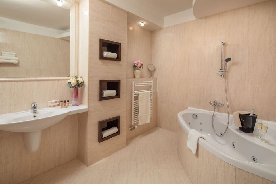 Combined shower/tub, free toiletries, hair dryer, bathrobes