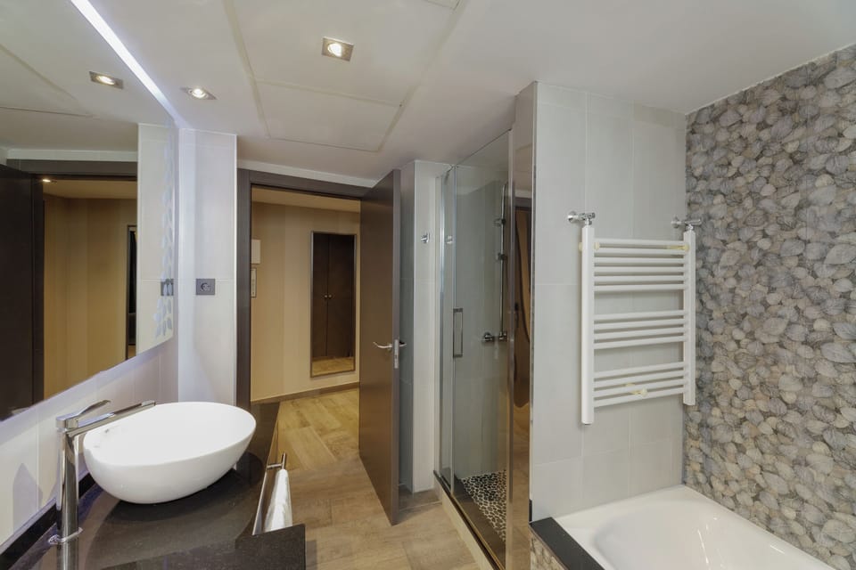 Suite | Bathroom | Rainfall showerhead, eco-friendly toiletries, hair dryer, towels
