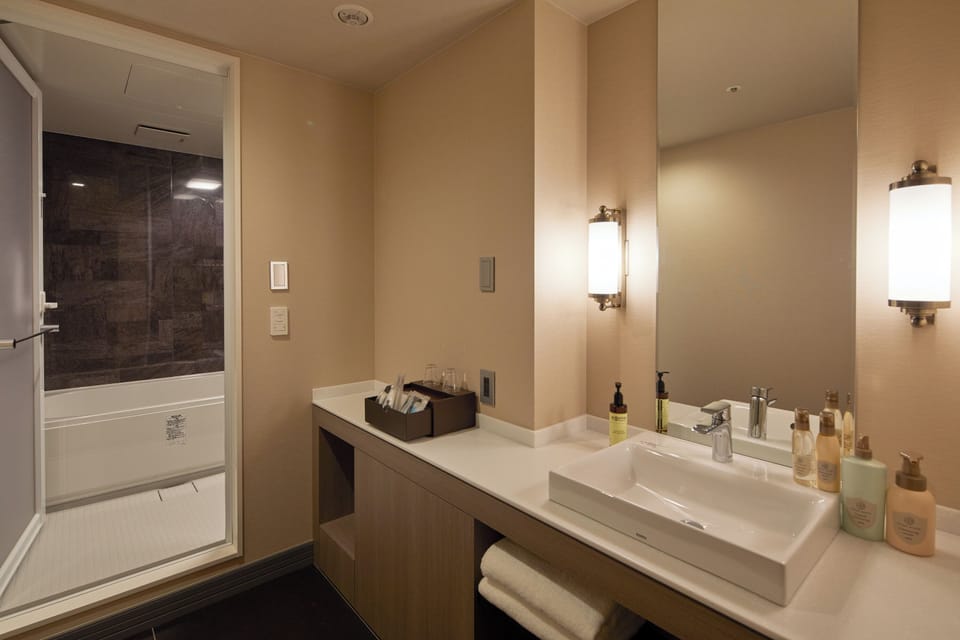 Combined shower/tub, free toiletries, hair dryer, slippers