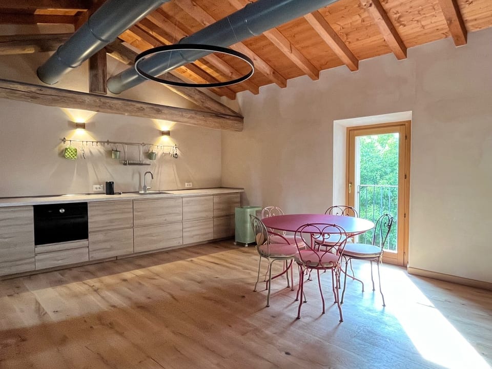 Superior Loft | Private kitchen | Full-size fridge, oven, highchair, cookware/dishes/utensils