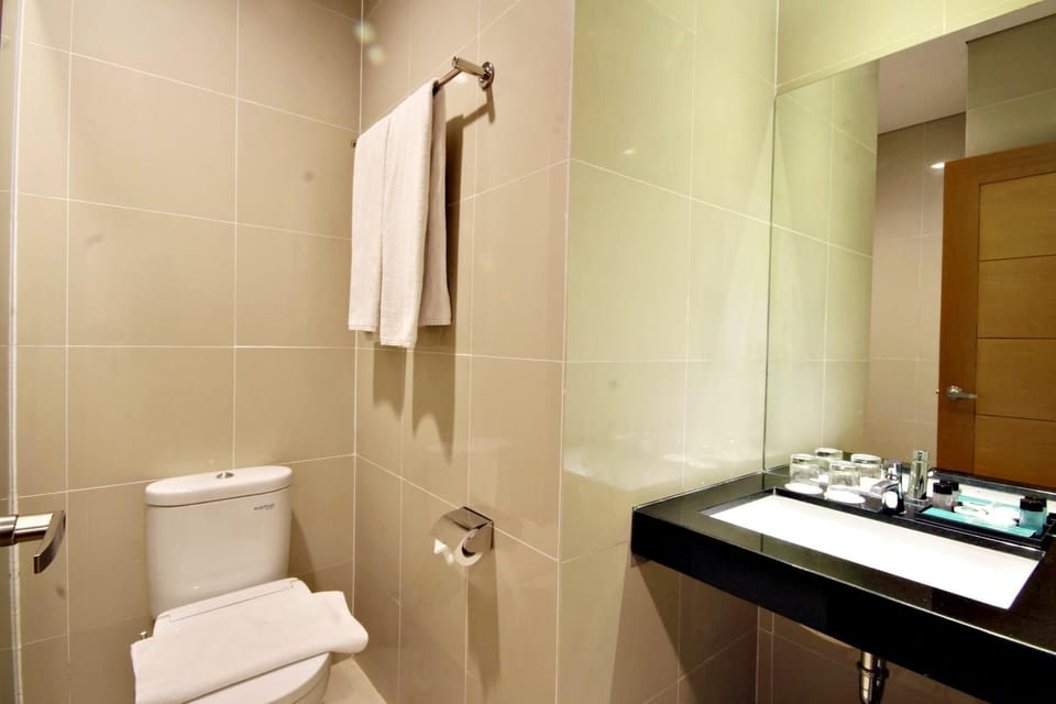 Shower, towels, soap, shampoo