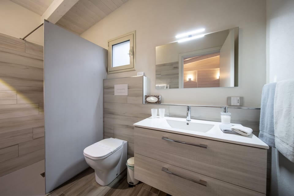 Shower, rainfall showerhead, hair dryer, towels