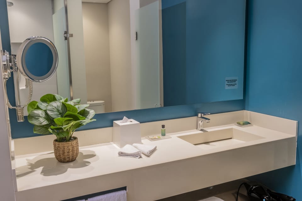 Shower, rainfall showerhead, free toiletries, hair dryer