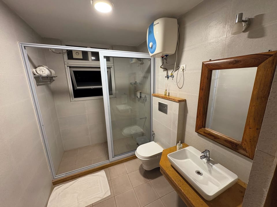 Shower, free toiletries, hair dryer, towels