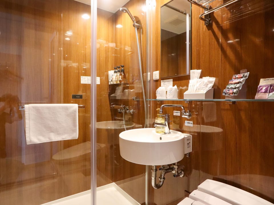 Shower, rainfall showerhead, hair dryer, slippers