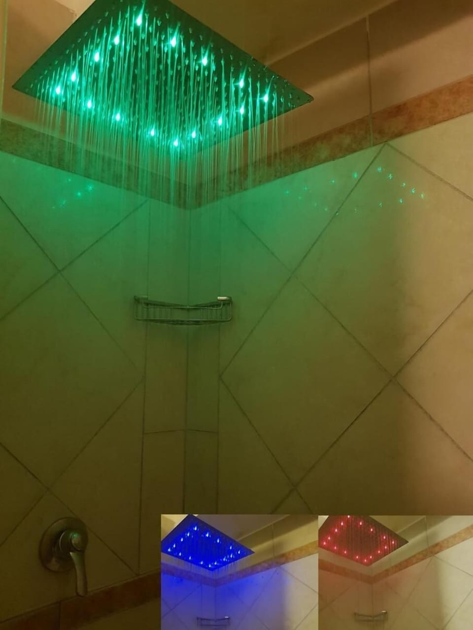 Shower, rainfall showerhead, free toiletries, hair dryer