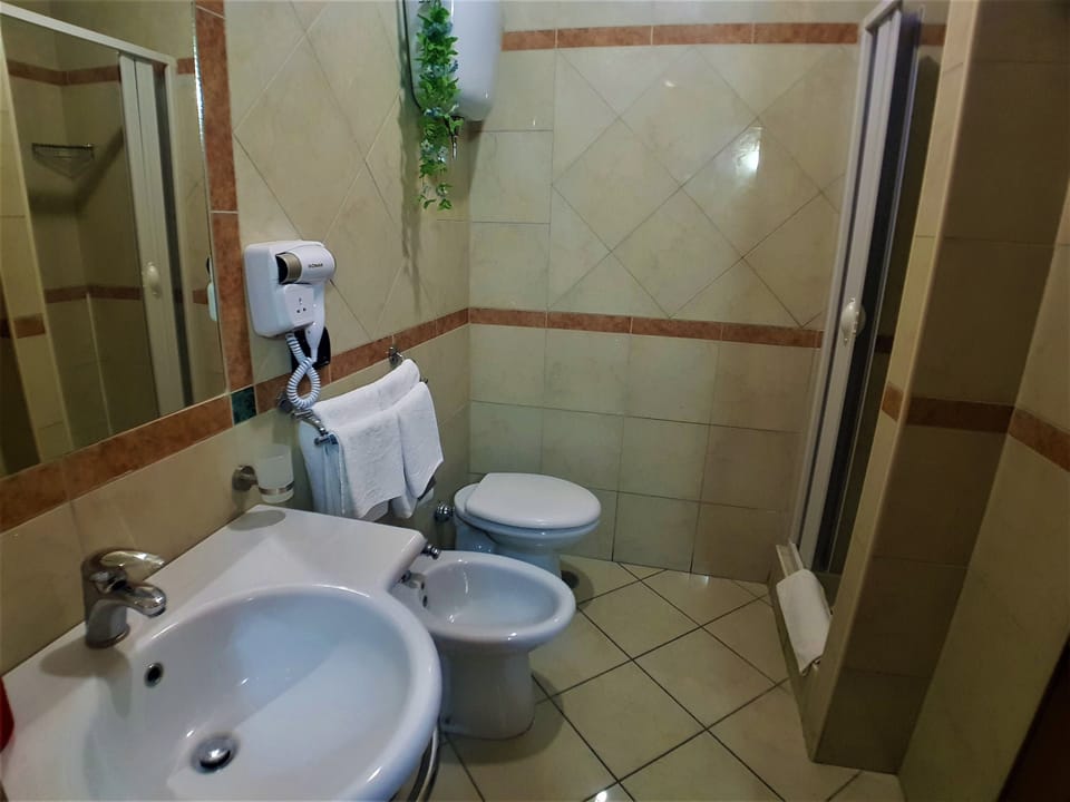Shower, rainfall showerhead, free toiletries, hair dryer