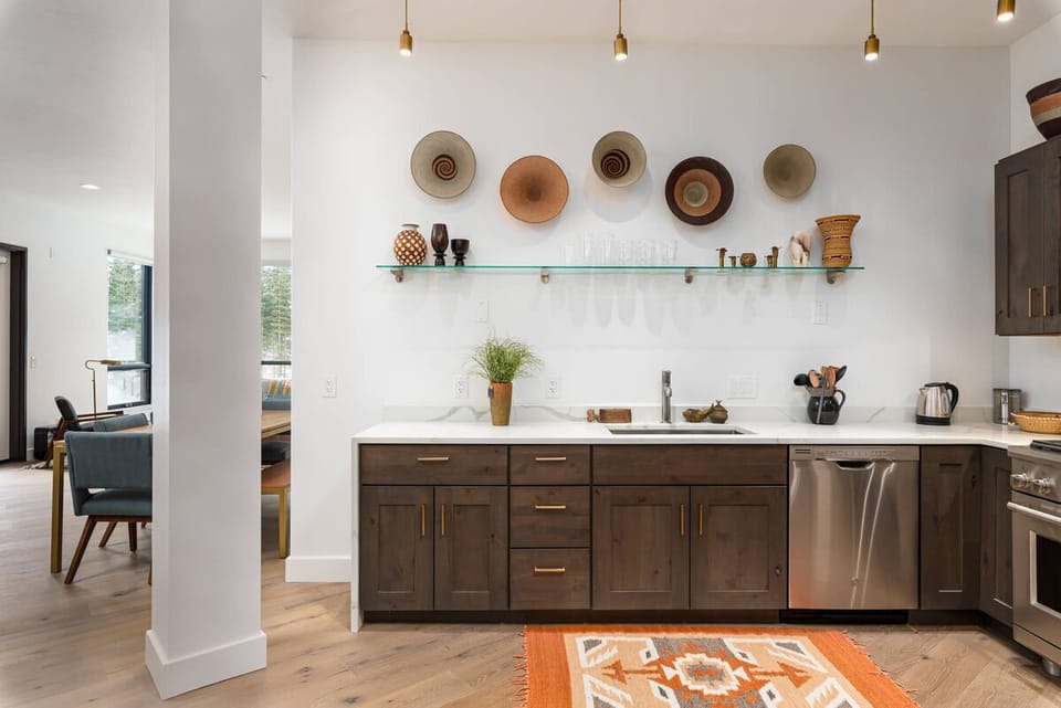 Open kitchen with colorful art