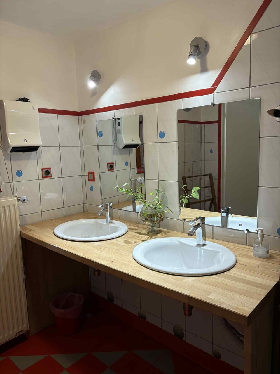 Shower, hair dryer, soap, toilet paper