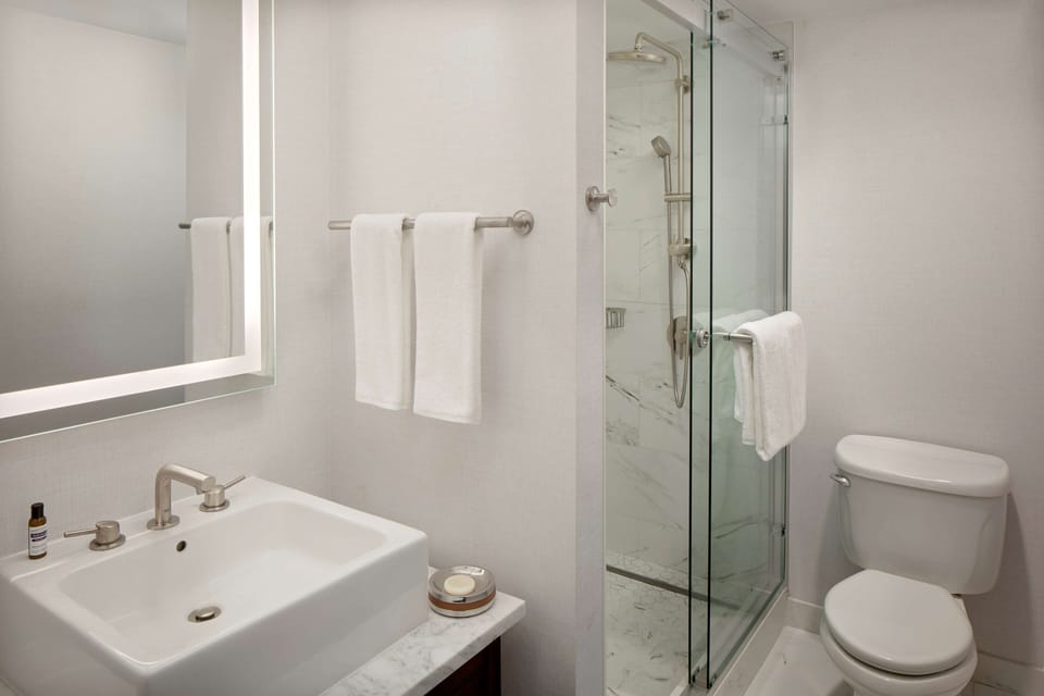 Combined shower/tub, hair dryer, towels