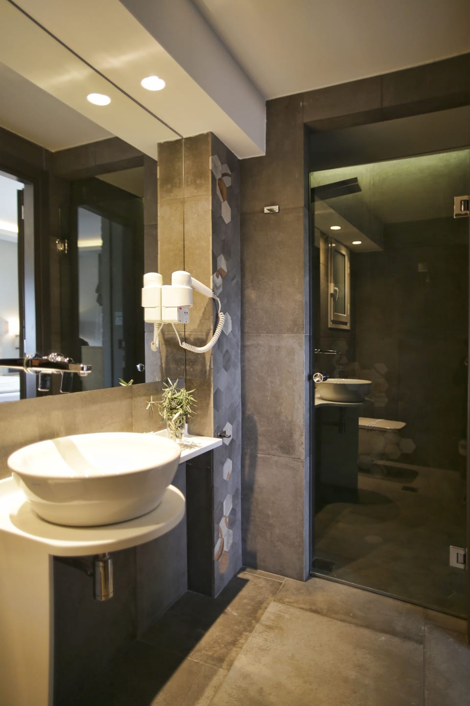 Shower, hydromassage showerhead, free toiletries, hair dryer