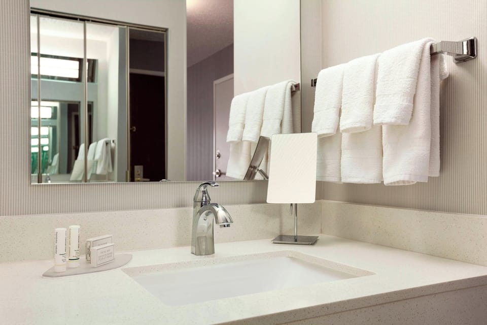 Combined shower/tub, free toiletries, hair dryer, towels