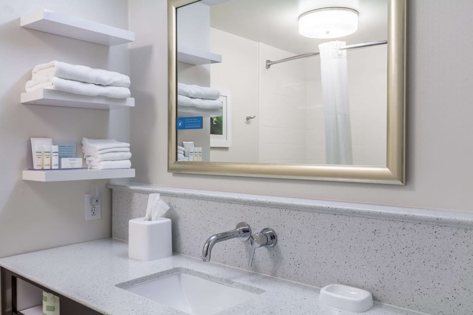 Combined shower/tub, free toiletries, hair dryer