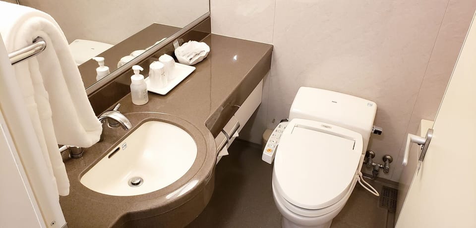 Combined shower/tub, hair dryer, slippers, bidet