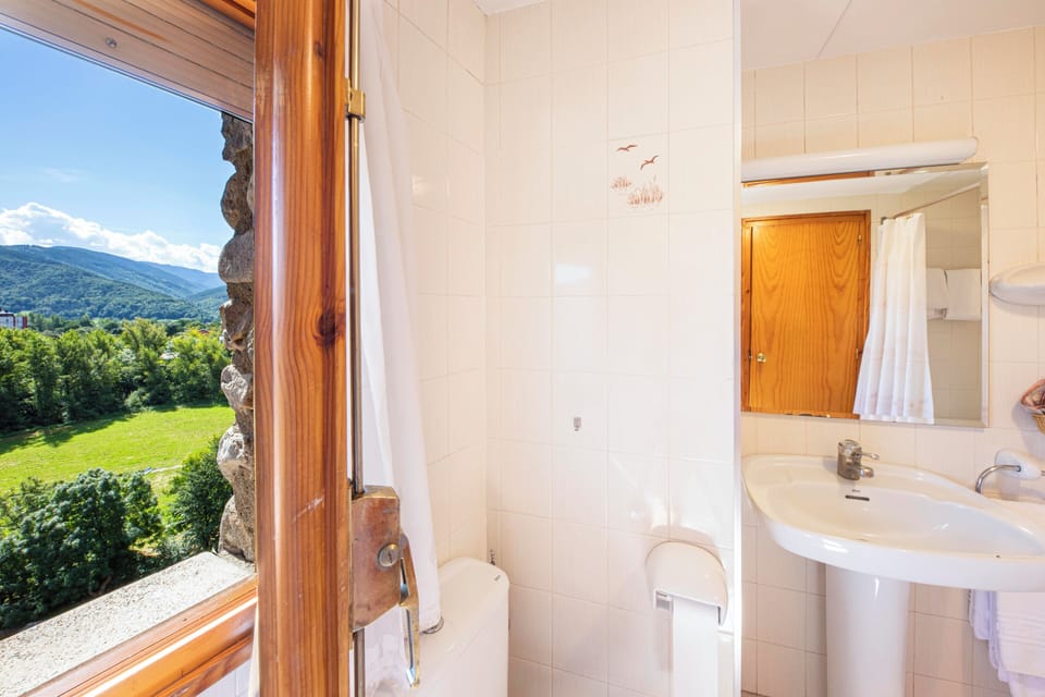 Combined shower/tub, free toiletries, hair dryer, towels