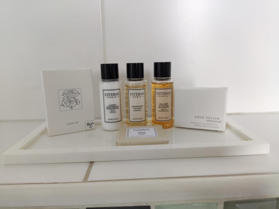 Rainfall showerhead, eco-friendly toiletries, hair dryer, towels