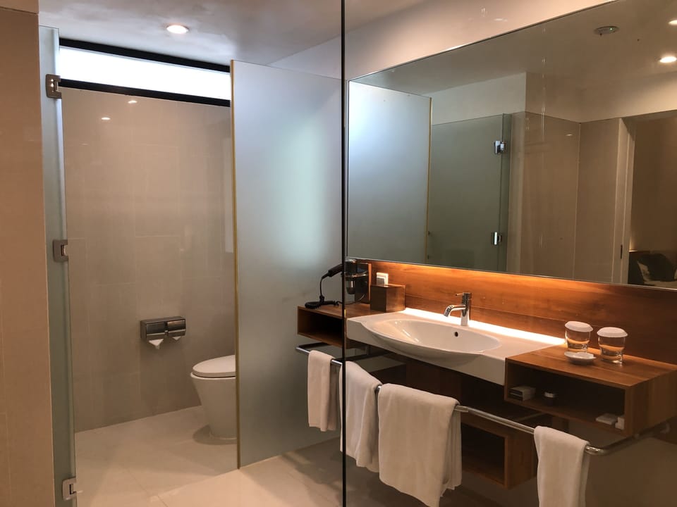 Shower, rainfall showerhead, free toiletries, hair dryer