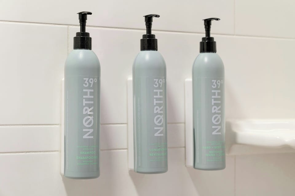 Combined shower/tub, free toiletries, hair dryer, towels