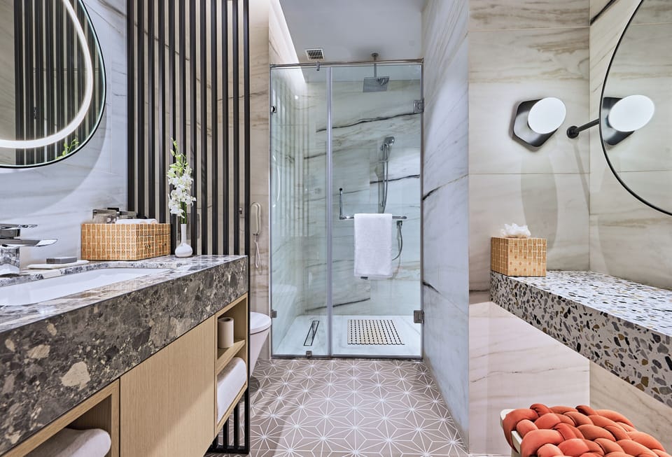 Shower, free toiletries, hair dryer, towels