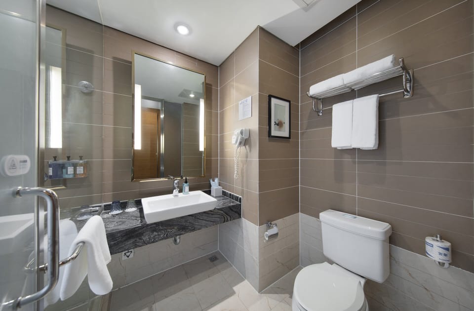 Combined shower/tub, free toiletries, hair dryer, slippers