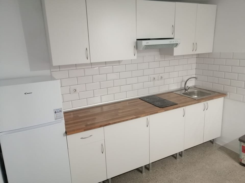 Full-size fridge, microwave, stovetop, rice cooker
