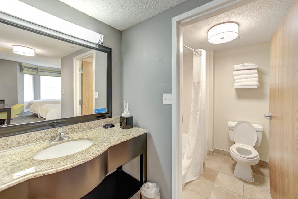 Combined shower/tub, free toiletries, hair dryer, towels