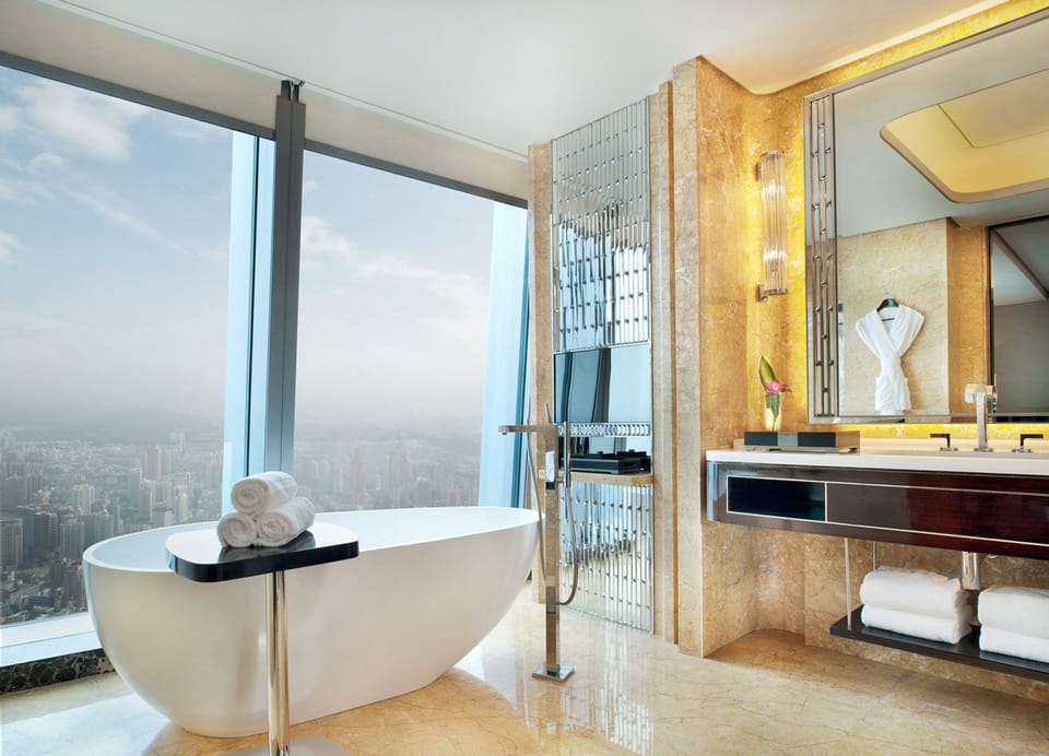 Separate tub and shower, deep soaking tub, hydromassage showerhead