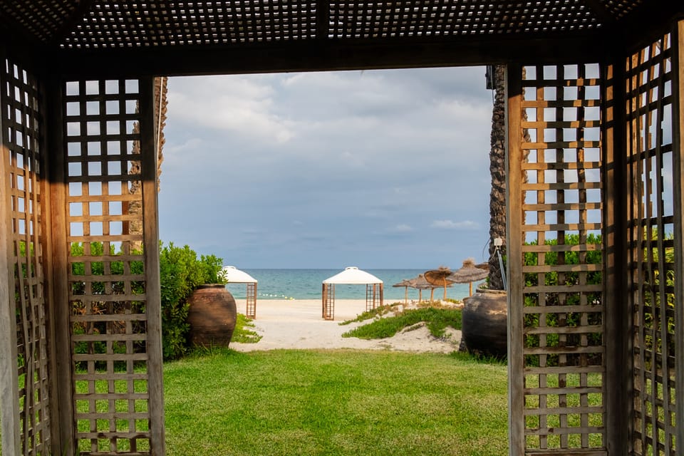 On the beach, sun loungers, beach umbrellas, beach towels