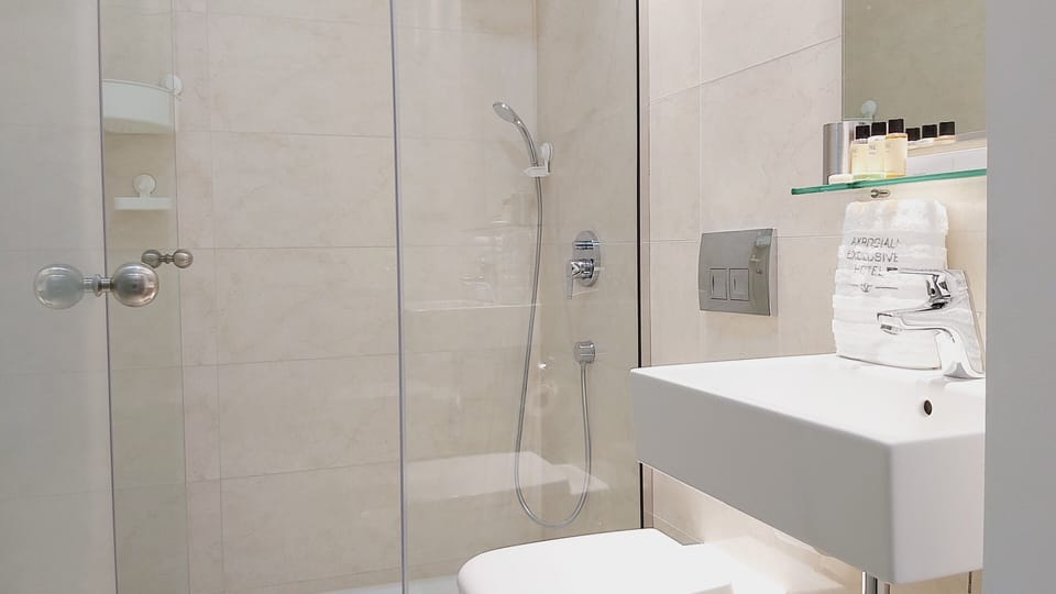 Shower, rainfall showerhead, free toiletries, hair dryer