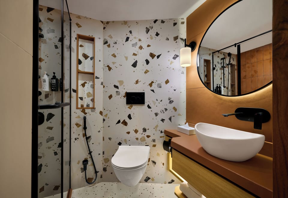 Shower, rainfall showerhead, eco-friendly toiletries, hair dryer
