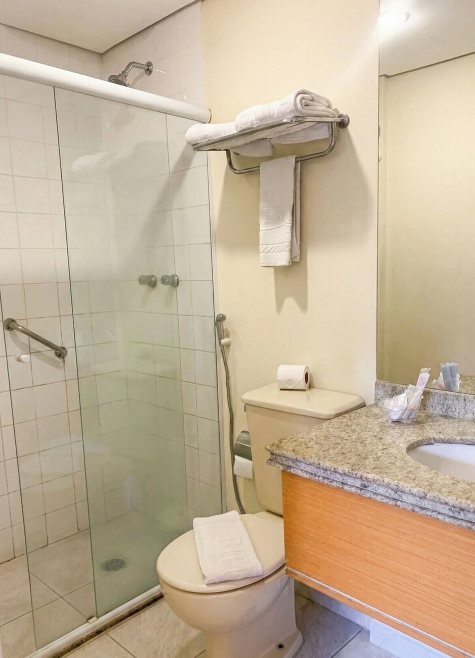 Shower, free toiletries, hair dryer, towels