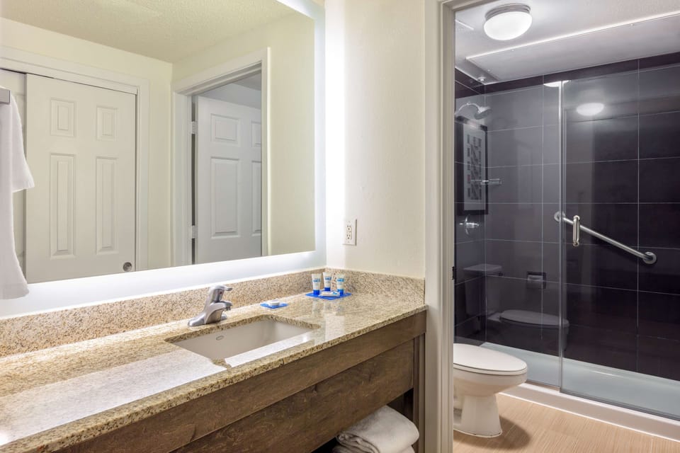 Separate tub and shower, designer toiletries, hair dryer, towels