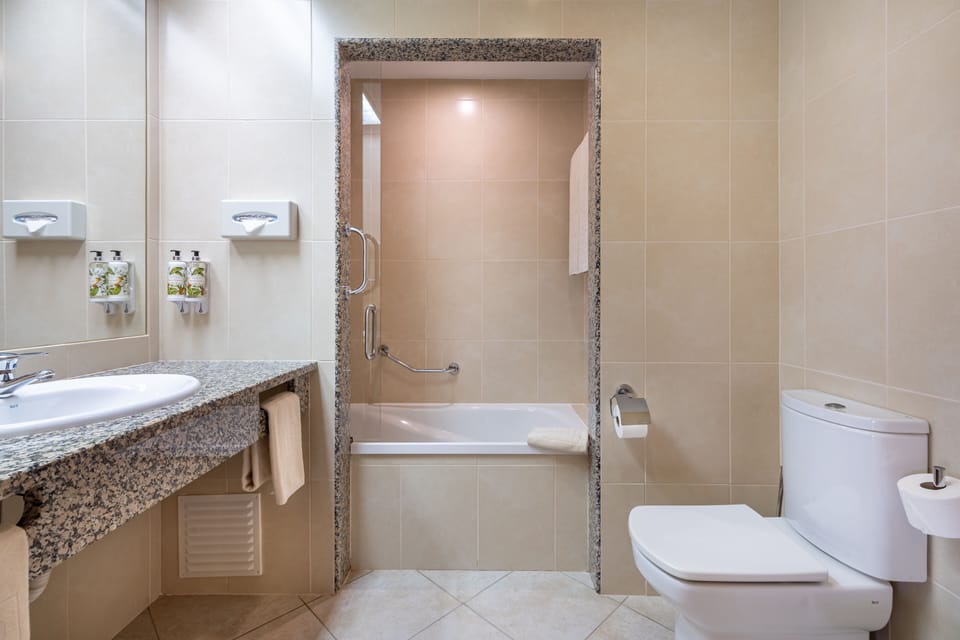 Bathtub, hair dryer, bidet, towels