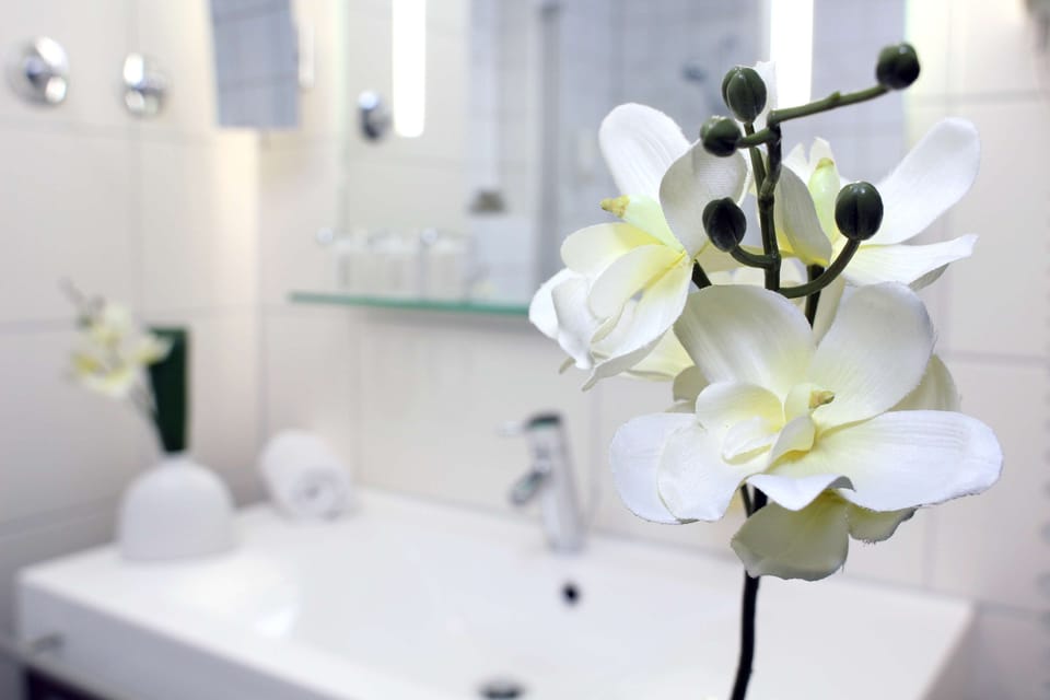 Combined shower/tub, hair dryer, towels