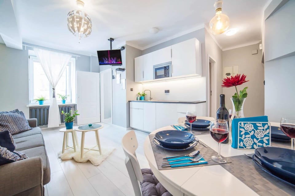 Living room with a sofa bed, TV and kitchenette with dining area.