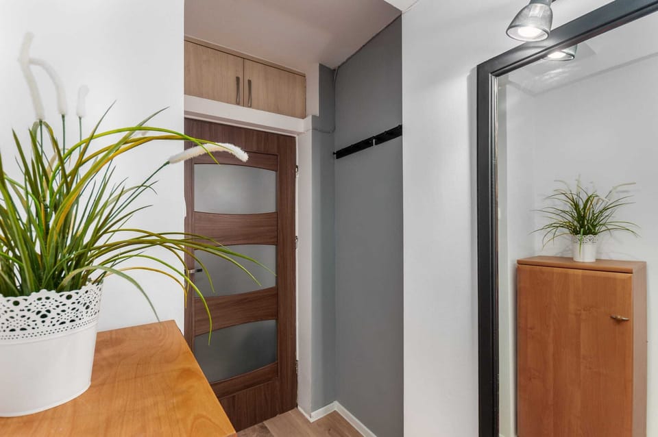 Hallway with cabinets.