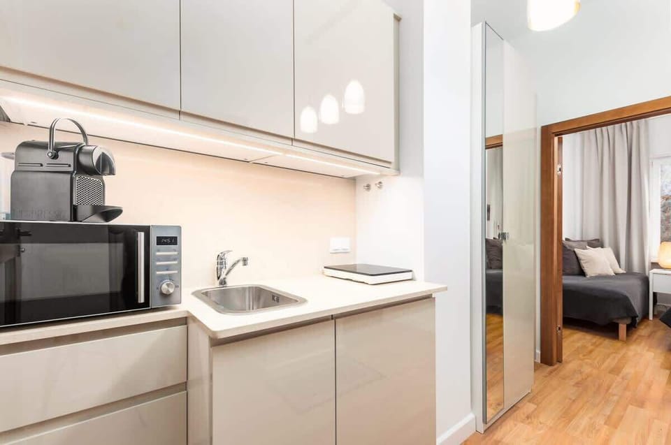 Kitchenette with a kettle, fridge with a freezer, electric stovetop, microwave, toaster.
