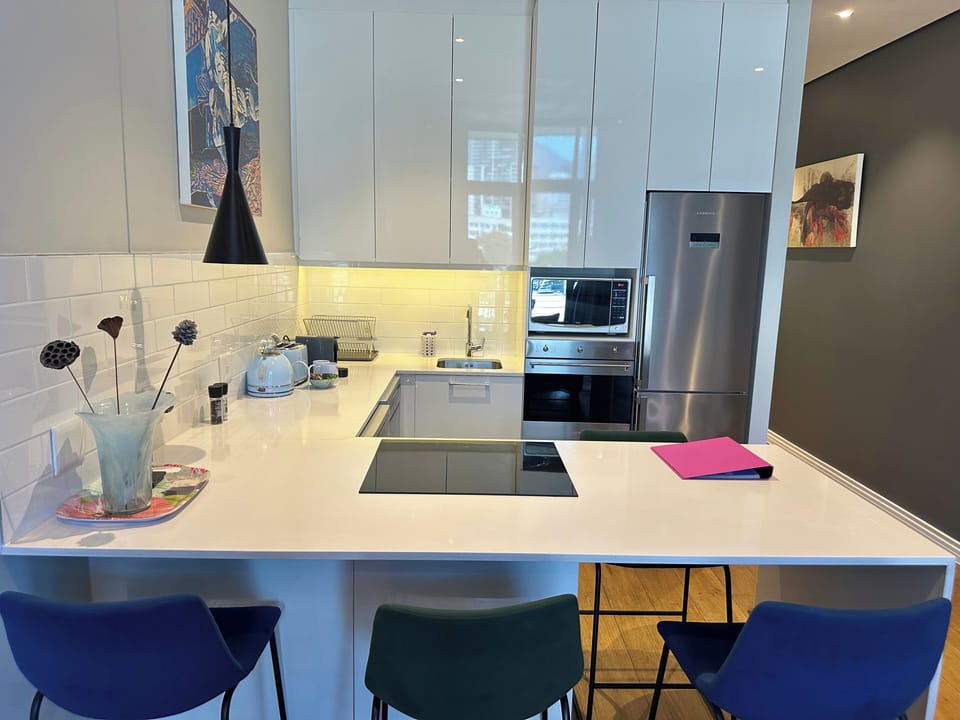 Apartment 214 | Private kitchen | Full-size fridge, microwave, oven, stovetop