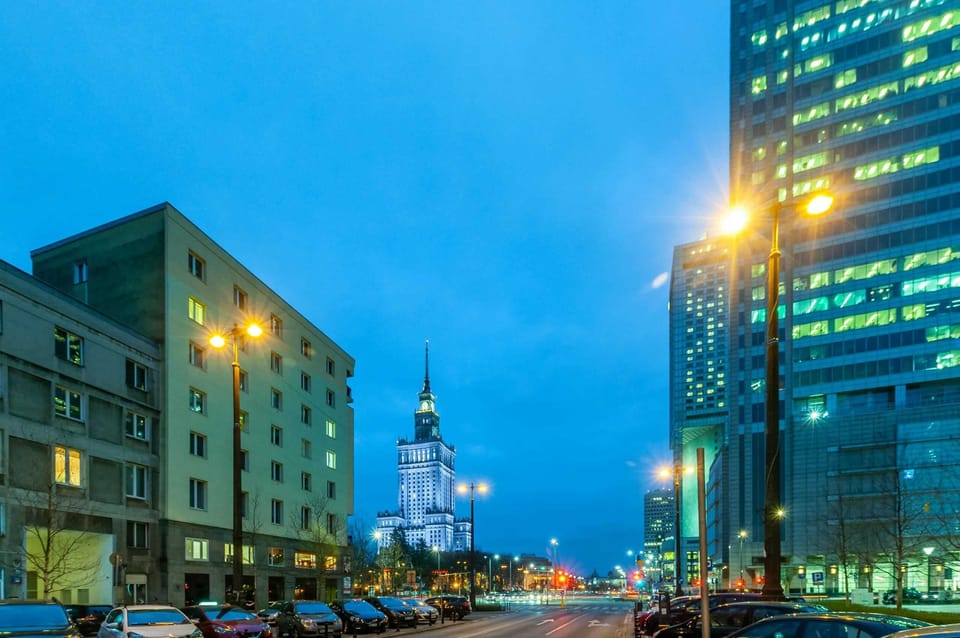 Spectacular view of the city with the Palace of Science and Culture and skyscrapers.