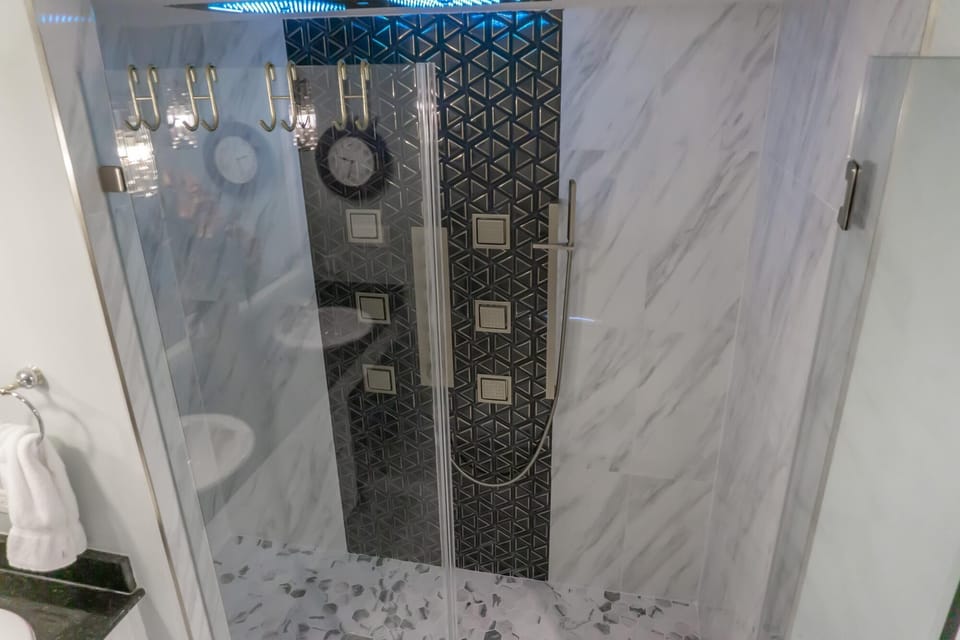Master bathroom shower, bluetooth speaker