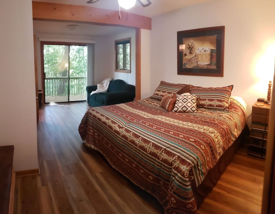 Main floor master bedroom with pull-out sleeper couch and large closet.