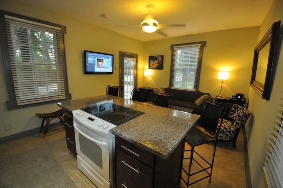 View of full kitchen and living area