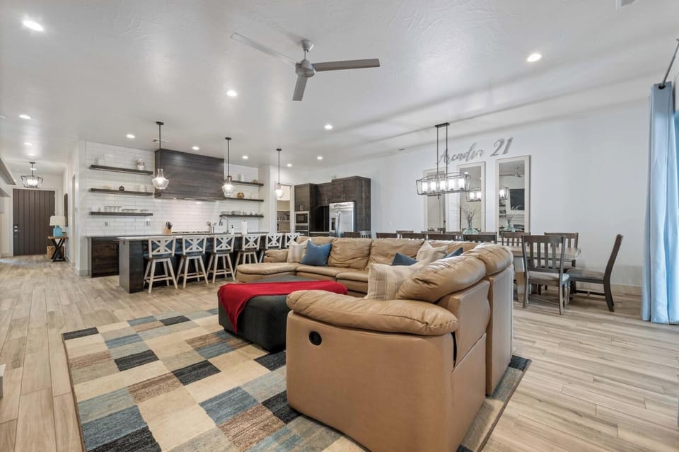 Living, kitchen, and dining area are open to each other and allow people to gather easily