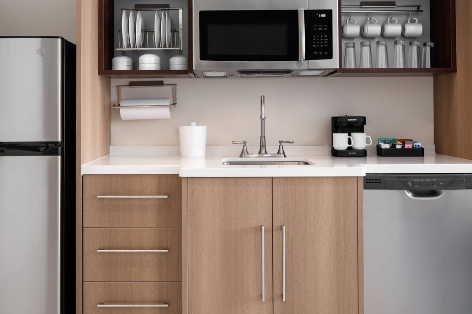 Fridge, microwave, dishwasher, coffee/tea maker