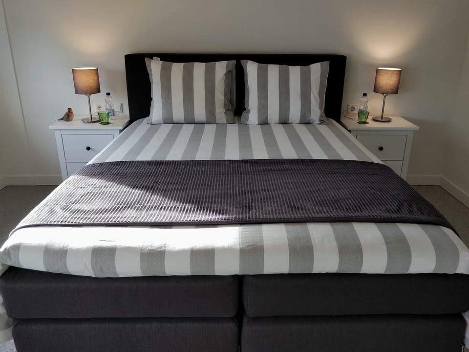 Hypo-allergenic bedding, desk, laptop workspace, blackout drapes