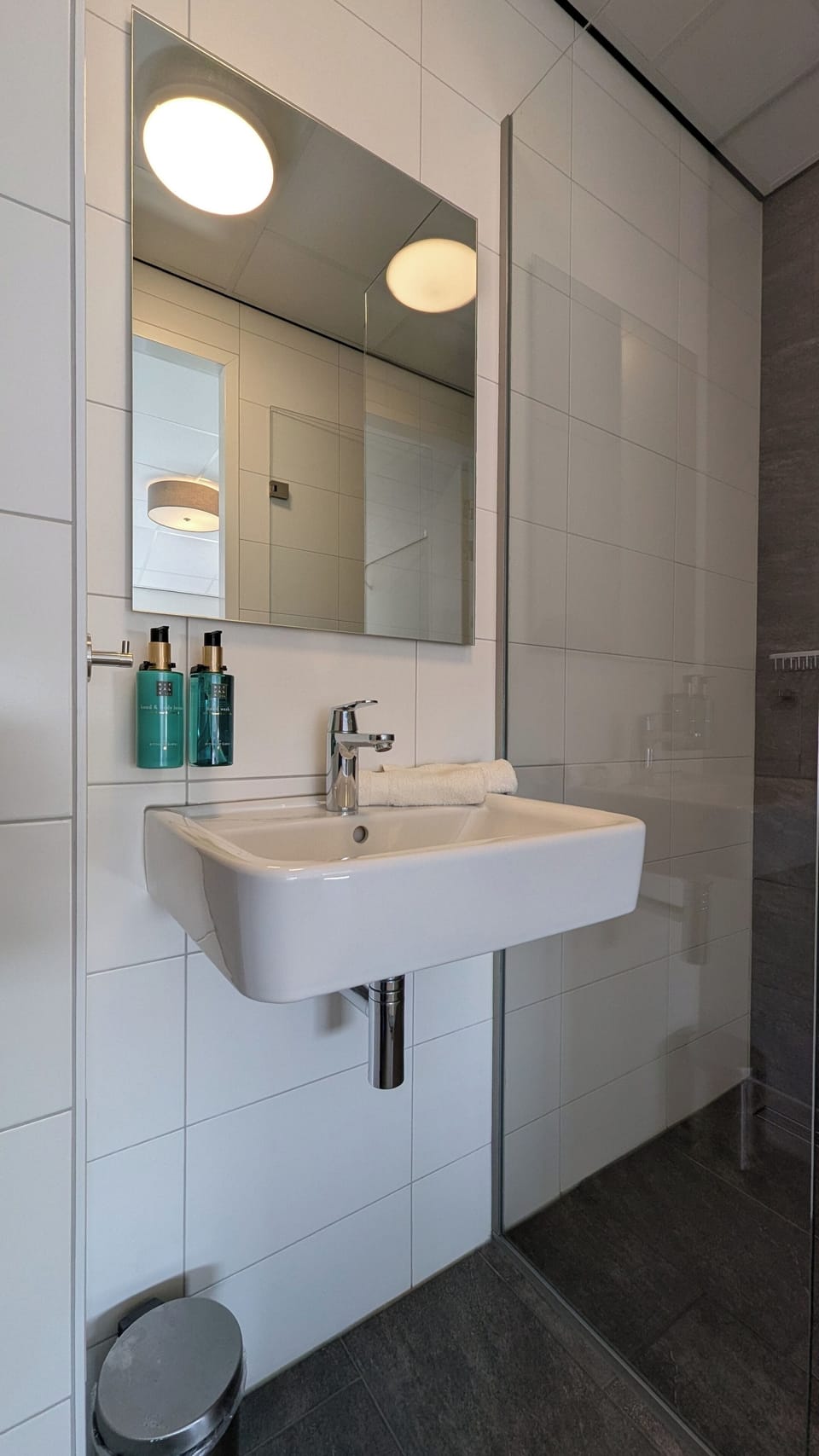 Shower, hydromassage showerhead, free toiletries, hair dryer