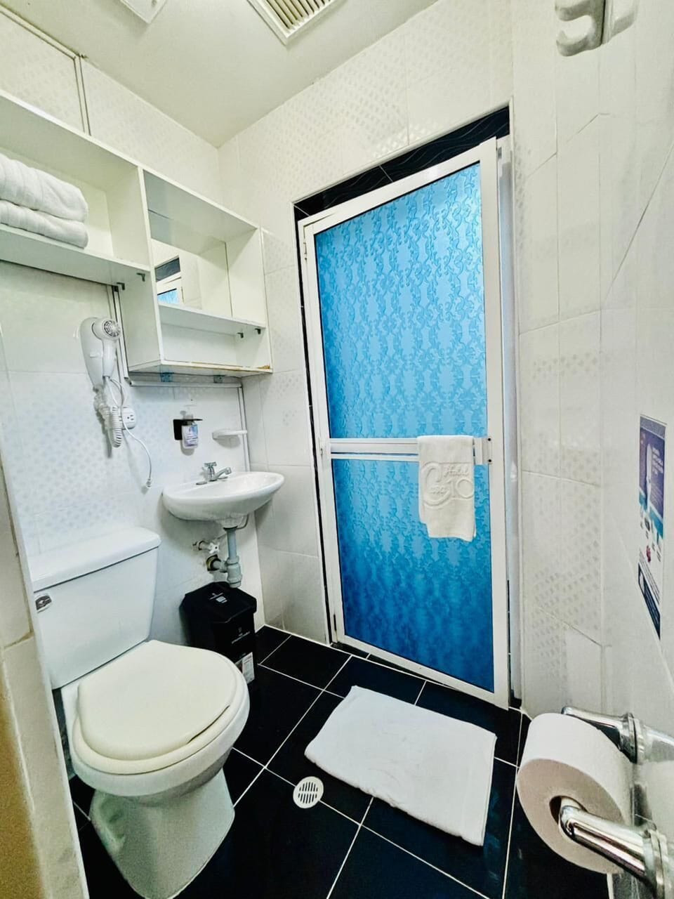 Shower, free toiletries, hair dryer, towels