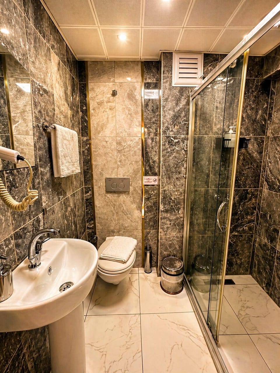 Shower, rainfall showerhead, hair dryer, bathrobes
