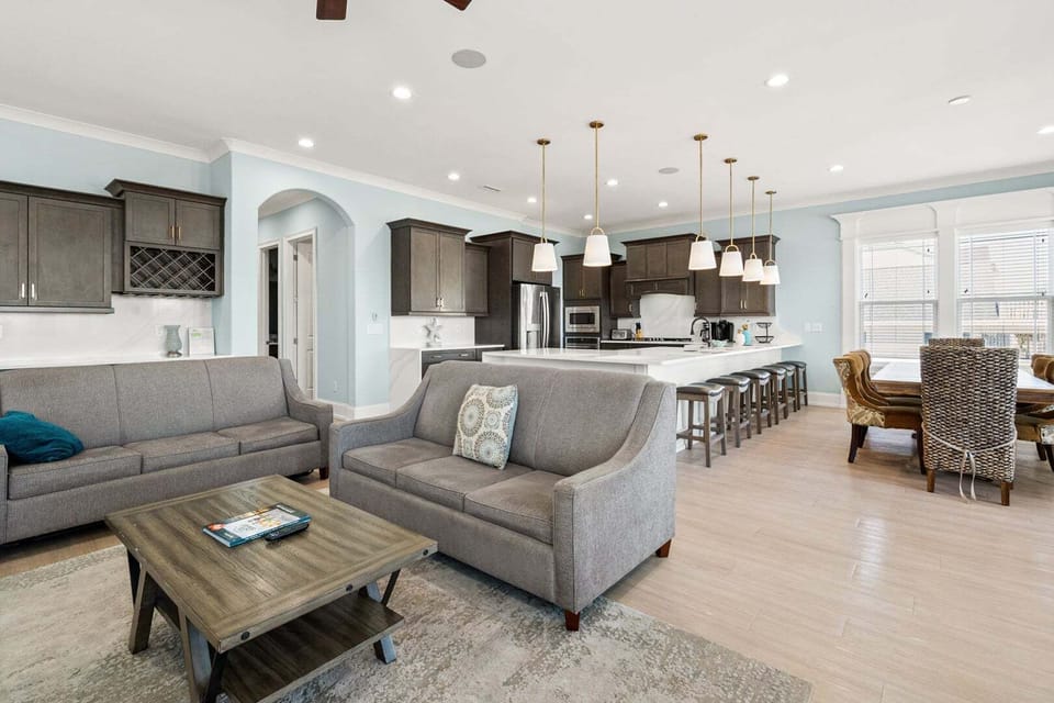 Open-concept living, dining and kitchen space at A New Beginning in Cherry Grove, North Myrtle Beach